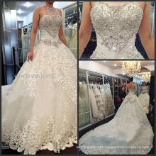 2014 Newest Luxury Wedding Dresses Halter Crystals Beads Backless A Line Chapel Train Lace Bling Customed Ivory Bridal Gowns